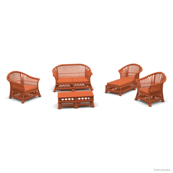 Miniature rattan patio set in Terra Cotta arranged as a conversation grouping around the coffee table