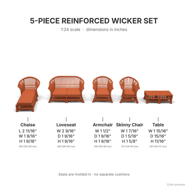 Dimensions in inches for all 5 pieces of the 1:24 scale reinforced wicker set, shown in Terra Cotta