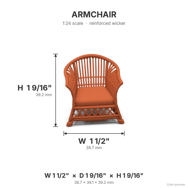 1:24 scale dollhouse wicker arm chair in Terra Cotta, 1 1/2 in W x 1 9/16 in D x 1 9/16 in H