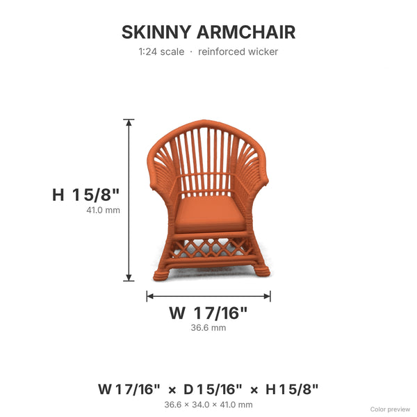 Skinny wicker arm chair dimensions: 1 7/16 in W x 1 5/16 in D x 1 5/8 in H, shown in Terra Cotta