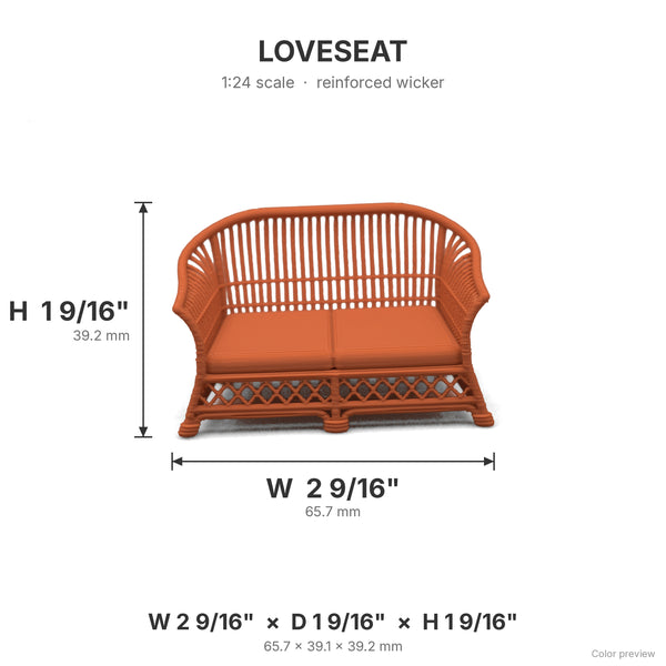 Wicker loveseat dimensions: 2 9/16 in W x 1 9/16 in D x 1 9/16 in H, shown in Terra Cotta
