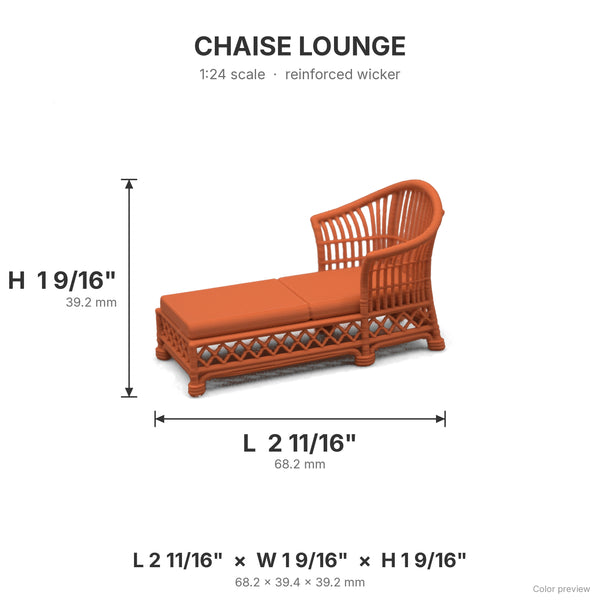 Wicker chaise lounge dimensions: 2 11/16 in L x 1 9/16 in W x 1 9/16 in H, shown in Terra Cotta