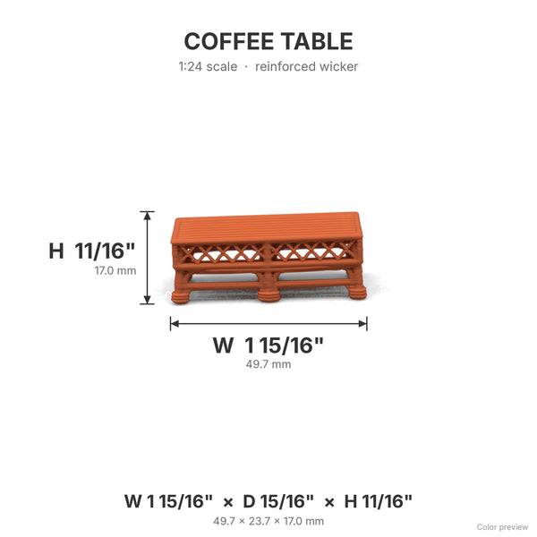 Wicker coffee table dimensions: 1 15/16 in W x 15/16 in D x 11/16 in H, shown in Terra Cotta