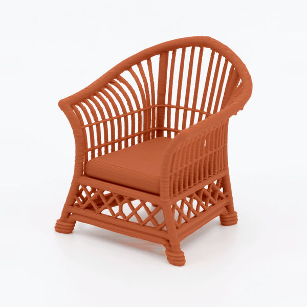 1:24 Dollhouse Miniature Wicker-Style Bistro Set, 3 Piece – Terra Cotta - arm chair, 3/4 view (digital recolor, color preview)