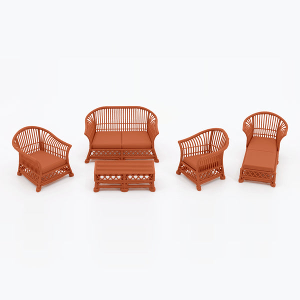 1:24 Dollhouse Miniature Wicker-Style Loveseat, Patio Sofa – Terra Cotta - shown with the matching 5-piece set (other pieces sold separately) (digital recolor, color preview)