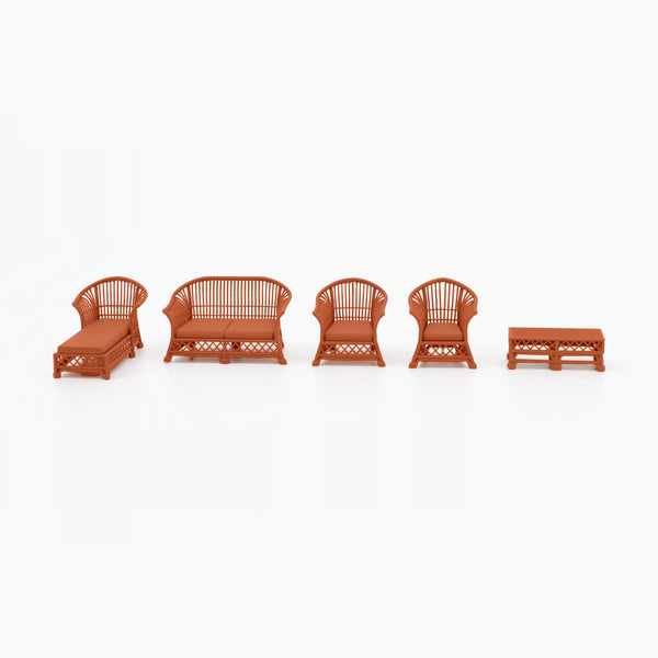 1:24 Dollhouse Miniature Wicker-Style 5 Piece Patio Furniture Set – Terra Cotta - all five pieces lined up side by side (digital recolor, color preview)