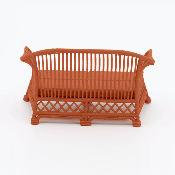 1:24 Dollhouse Miniature Wicker-Style Loveseat, Patio Sofa – Terra Cotta - back view (digital recolor, color preview)