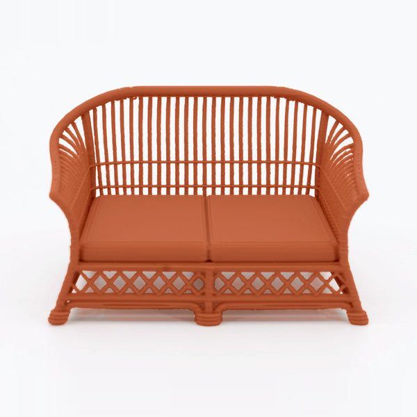 1:24 Dollhouse Miniature Wicker-Style Loveseat, Patio Sofa – Terra Cotta - front view (digital recolor, color preview)