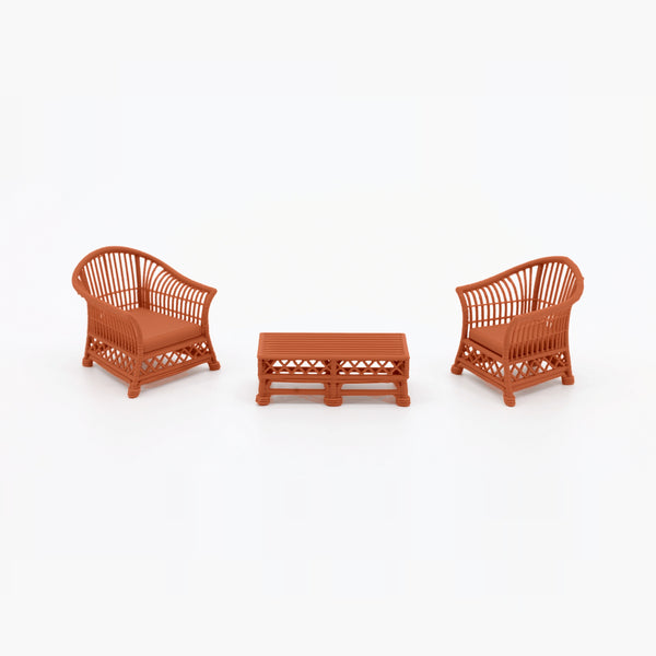1:24 Dollhouse Miniature Wicker-Style Bistro Set, 3 Piece – Terra Cotta - two arm chairs and coffee table (digital recolor, color preview)