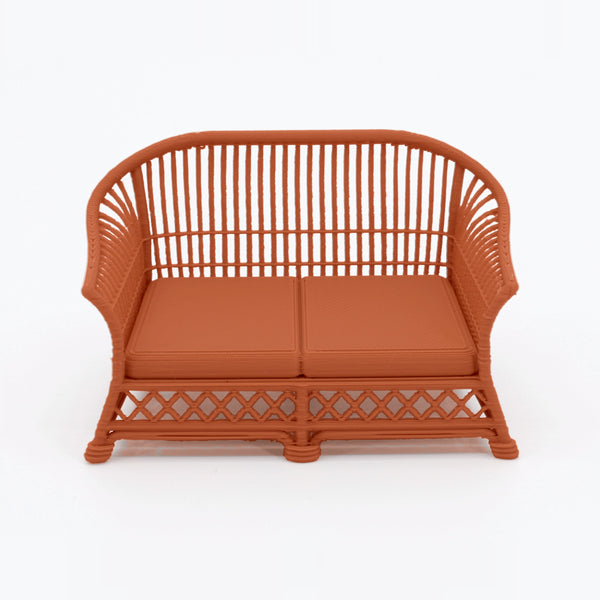 1:24 Dollhouse Miniature Wicker-Style 5 Piece Patio Furniture Set – Terra Cotta - loveseat from the 5-piece set (digital recolor, color preview)