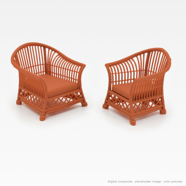 1:24 wicker-style dollhouse arm chairs in Terra Cotta, pair of two (digital composite, color preview)
