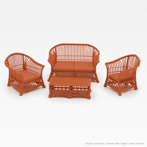1:24 wicker-style dollhouse conversation set in Terra Cotta: loveseat, two arm chairs and coffee table (digital composite, color preview)