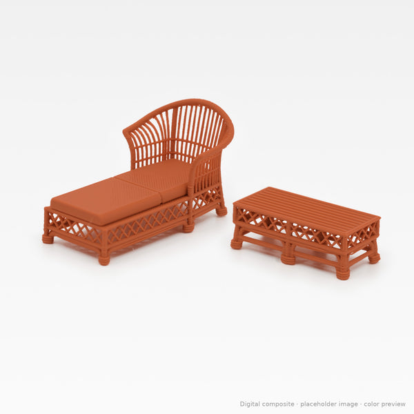 1:24 wicker-style dollhouse lounge set in Terra Cotta: chaise lounge and coffee table (digital composite, color preview)