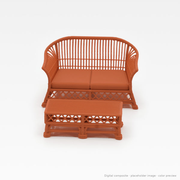 1:24 wicker-style dollhouse sofa set in Terra Cotta: loveseat and coffee table (digital composite, color preview)