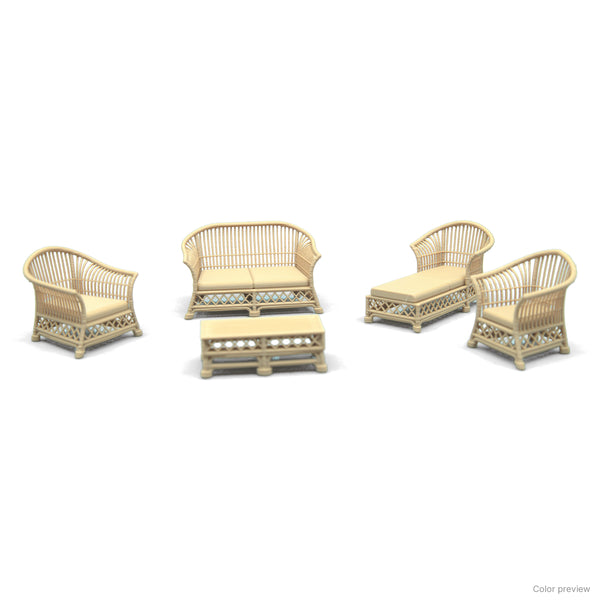 Miniature rattan patio set in White Oak arranged as a conversation grouping around the coffee table