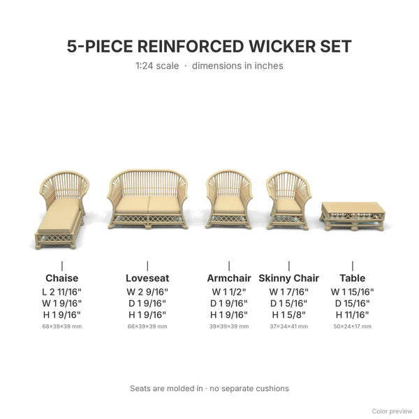 Dimensions in inches for all 5 pieces of the 1:24 scale reinforced wicker set, shown in White Oak