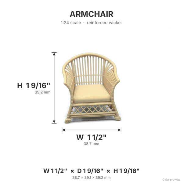 Wicker arm chair dimensions: 1 1/2 in W x 1 9/16 in D x 1 9/16 in H, shown in White Oak