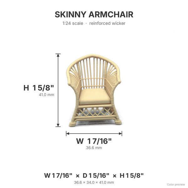 Skinny wicker arm chair dimensions: 1 7/16 in W x 1 5/16 in D x 1 5/8 in H, shown in White Oak