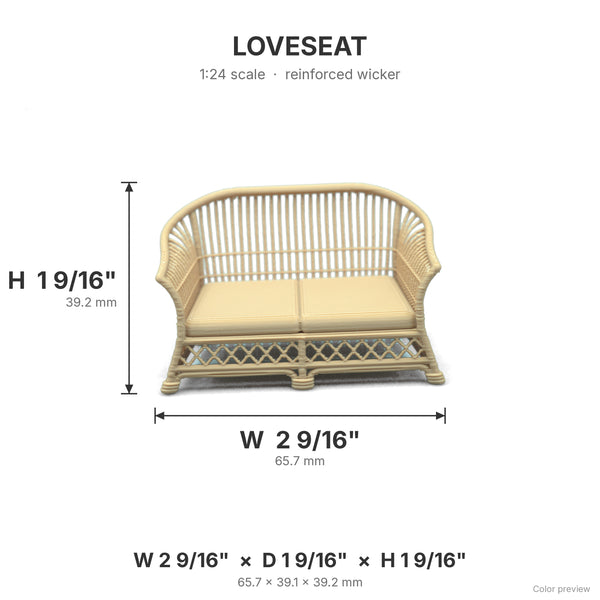 Wicker loveseat dimensions: 2 9/16 in W x 1 9/16 in D x 1 9/16 in H, shown in White Oak