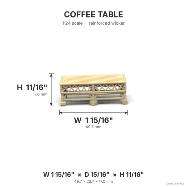 Wicker coffee table dimensions: 1 15/16 in W x 15/16 in D x 11/16 in H, shown in White Oak