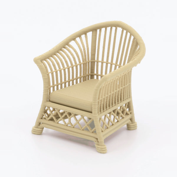 1:24 Dollhouse Miniature Wicker-Style Arm Chair, Patio Chair – White Oak - 3/4 view (digital recolor, color preview)