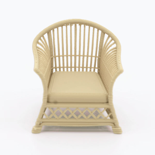 1:24 Dollhouse Miniature Wicker-Style Arm Chair, Patio Chair – White Oak - front view (digital recolor, color preview)