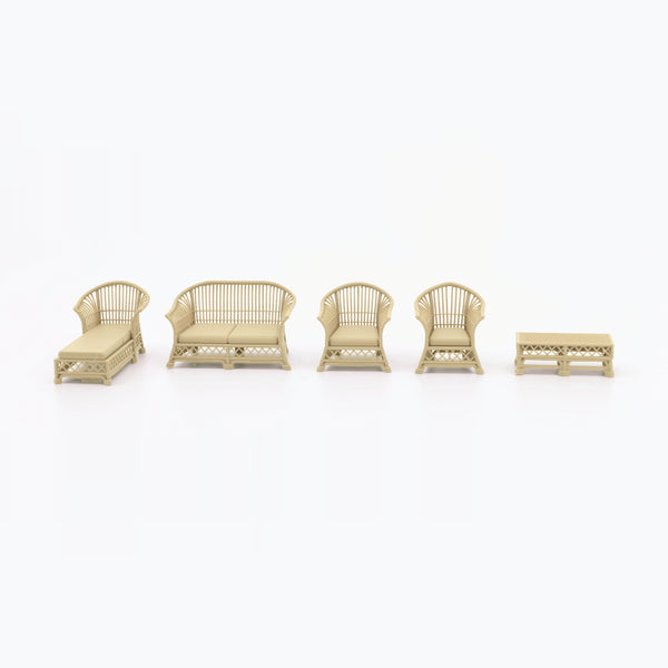 1:24 Dollhouse Miniature Wicker-Style 5 Piece Patio Furniture Set – White Oak - all five pieces lined up side by side (digital recolor, color preview)