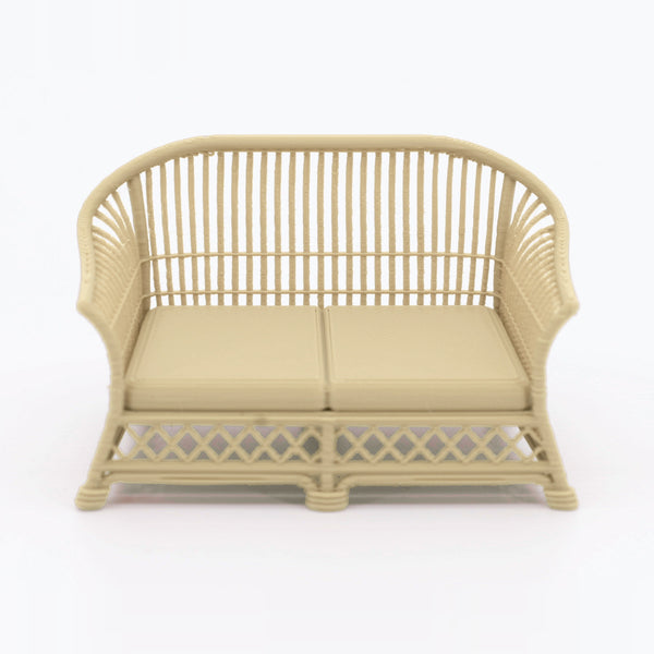 1:24 Dollhouse Miniature Wicker-Style Loveseat, Patio Sofa – White Oak - front view (digital recolor, color preview)