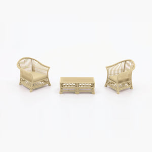 1:24 Dollhouse Miniature Wicker-Style Bistro Set, 3 Piece – White Oak - two arm chairs and coffee table (digital recolor, color preview)