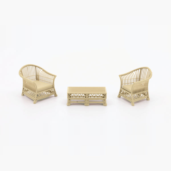 1:24 Dollhouse Miniature Wicker-Style Bistro Set, 3 Piece – White Oak - two arm chairs and coffee table (digital recolor, color preview)