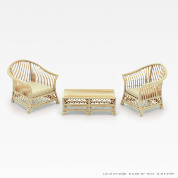 1:24 wicker-style dollhouse bistro set in White Oak: two arm chairs and coffee table (digital composite, color preview)