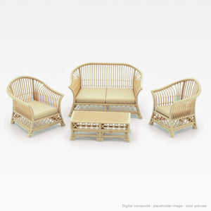 1:24 wicker-style dollhouse conversation set in White Oak: loveseat, two arm chairs and coffee table (digital composite, color preview)