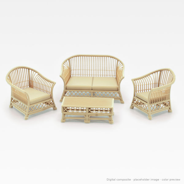 1:24 wicker-style dollhouse conversation set in White Oak: loveseat, two arm chairs and coffee table (digital composite, color preview)