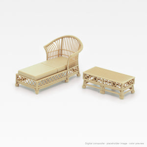 1:24 wicker-style dollhouse lounge set in White Oak: chaise lounge and coffee table (digital composite, color preview)