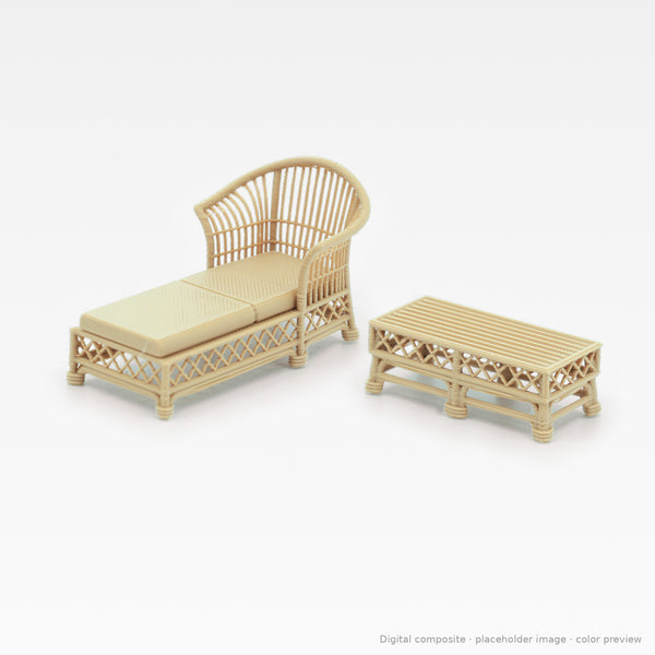 1:24 wicker-style dollhouse lounge set in White Oak: chaise lounge and coffee table (digital composite, color preview)