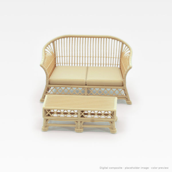 1:24 wicker-style dollhouse sofa set in White Oak: loveseat and coffee table (digital composite, color preview)