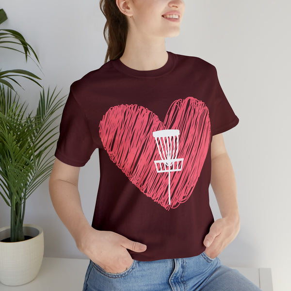 T shirt "Heart Disc Golf"    Unisex Adult Size short sleeve Jersey tee, shirt - Heart - Discgolf basket