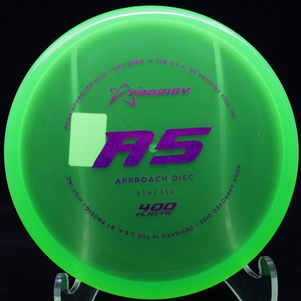 prodigy - a5 - 400 plastic - first run approach disc green neon/purple micro glitter/176