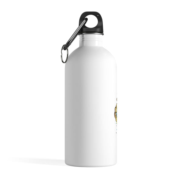 White stainless Steel Water Bottle 14 oz - "KOI NISHIKIGOI" GolfDisco exclusive stamp design.  Carabiner and keychain ring and plastic screw top