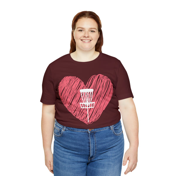 T shirt "Heart Disc Golf"    Unisex Adult Size short sleeve Jersey tee, shirt - Heart - Discgolf basket