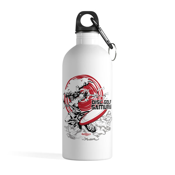 White stainless Steel Water Bottle 14 oz - "DISC GOLF SAMURAI" A GolfDisco exclusive stamp design.  Carabiner and keychain ring and plastic screw top