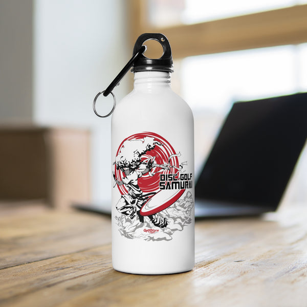 White stainless Steel Water Bottle 14 oz - "DISC GOLF SAMURAI" A GolfDisco exclusive stamp design.  Carabiner and keychain ring and plastic screw top