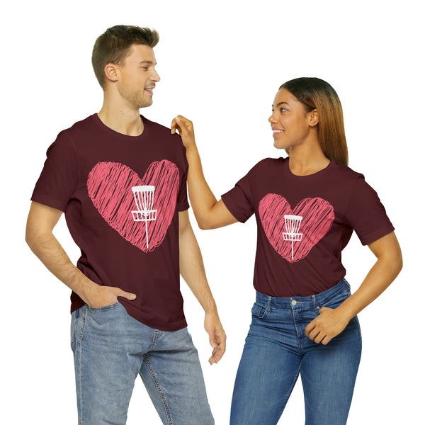 T shirt "Heart Disc Golf"    Unisex Adult Size short sleeve Jersey tee, shirt - Heart - Discgolf basket