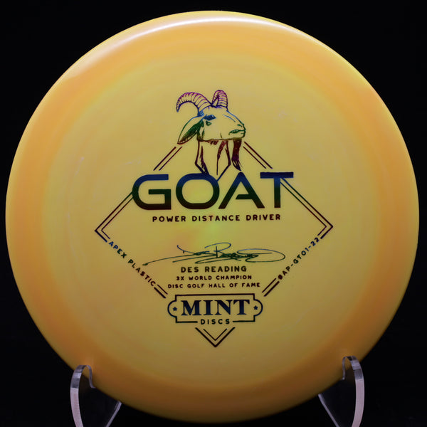 mint discs - goat - apex plastic - distance driver - des reading signature light orange/rainbow/175