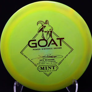 mint discs - goat - apex plastic - distance driver - des reading signature yellow mustard/red/173