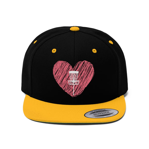UNISEX HAT, Sportek Brand. flat bill hat, embroidery, adjustable snapback, love Disc golf, disc golf heart - GolfDisco.com