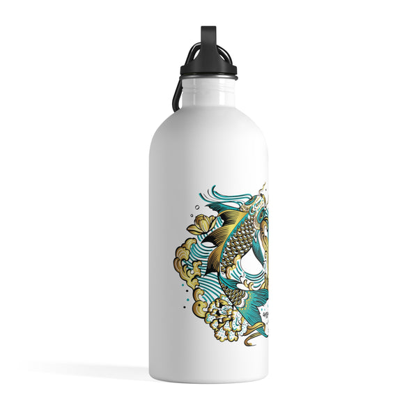 White stainless Steel Water Bottle 14 oz - "KOI NISHIKIGOI" GolfDisco exclusive stamp design.  Carabiner and keychain ring and plastic screw top